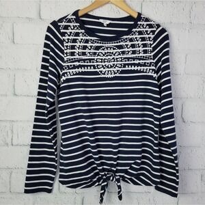 Crown & Ivy Womens Embroidered Striped Nautical Boho Tie Front Top Small